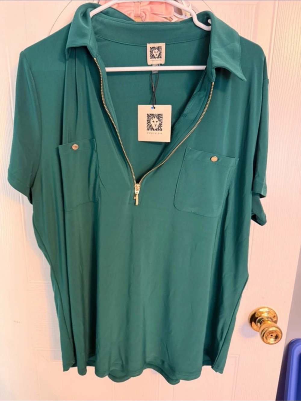 Anne Klein Dark Green Short-Sleeve Zip Polo Top
